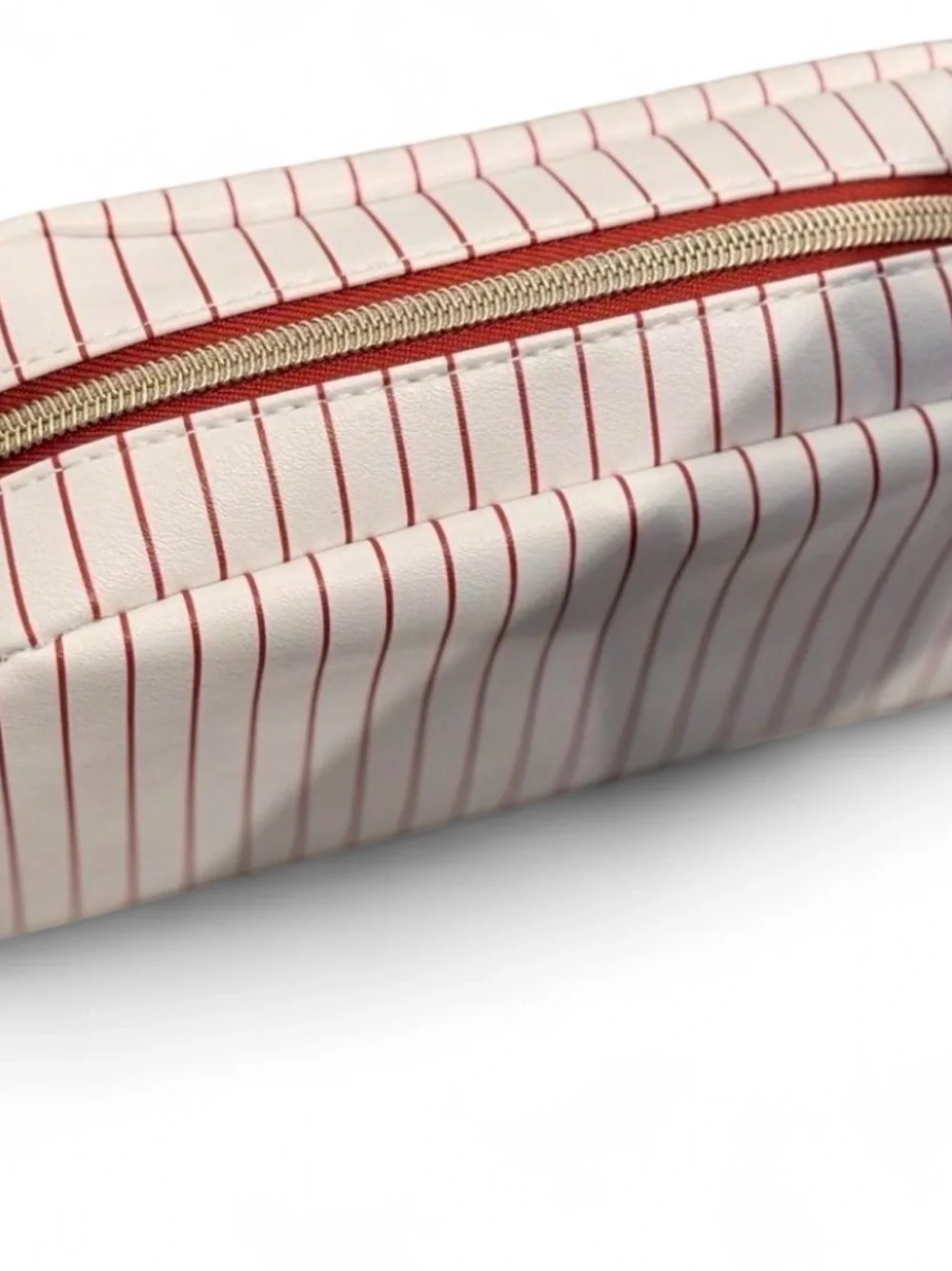 Prada White Cosmetic Pouch with Red Pinstripes and Embroidered Logo